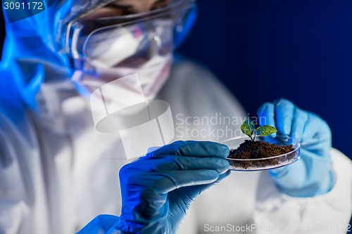 Image of close up of scientist with plant and soil in lab