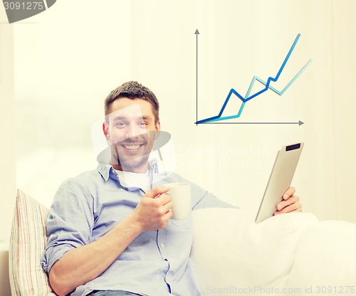 Image of smiling man working with tablet pc at home