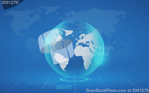 Image of virtual globe and map over blue background
