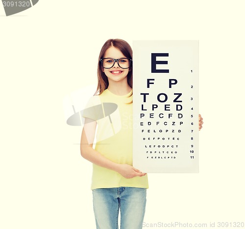 Image of little girl in eyeglasses with eye checking chart