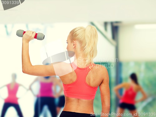 Image of young sporty woman with light dumbbell