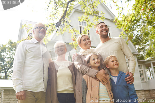 Image of happy family in front of house outdoors