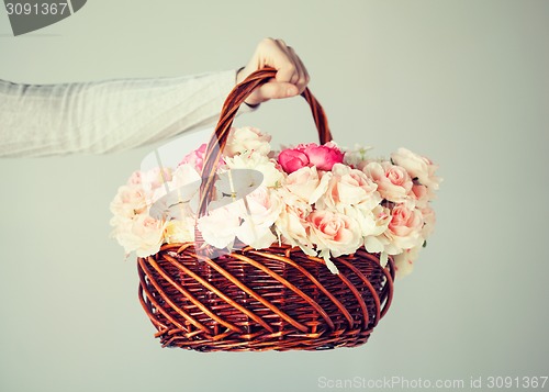 Image of man's hand holding basket full of flowers