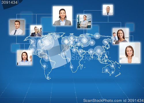 Image of pictures of businesspeople over world map