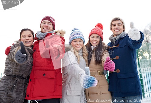 Image of group of smiling men and women in winter forest