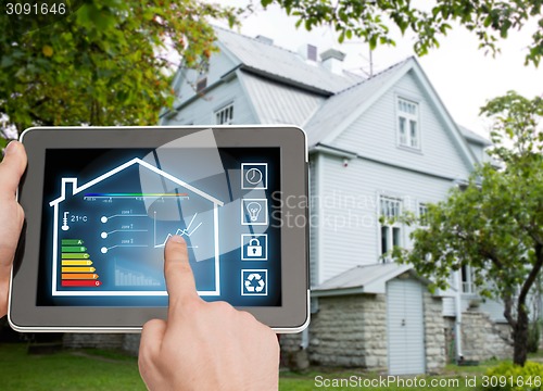 Image of close up of man hands touching tablet pc screen