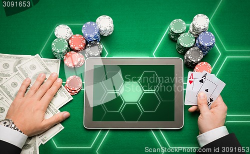 Image of casino poker player with cards, tablet and chips