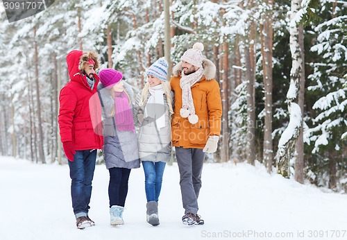 Image of group of smiling men and women in winter forest