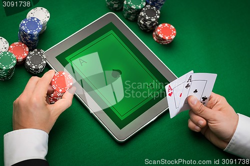 Image of casino poker player with cards, tablet and chips