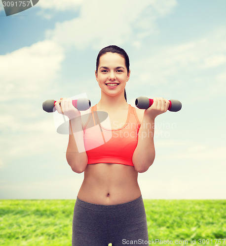 Image of young sporty woman with light dumbbells