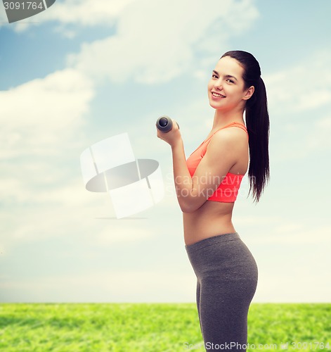 Image of young sporty woman with light dumbbells