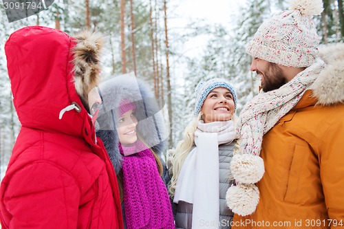 Image of group of smiling men and women in winter forest