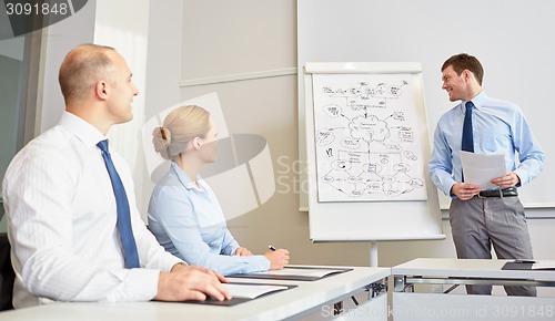 Image of group of smiling businesspeople meeting in office