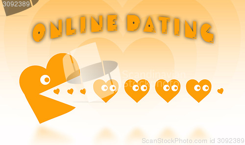 Image of Concept of dating - big Pacman heart hunting small hearts