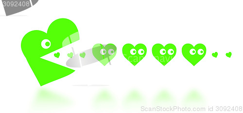 Image of Concept of dating - big Pacman heart hunting small hearts