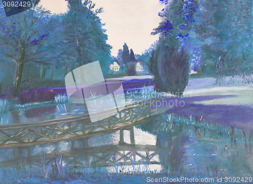 Image of Autumn forest with a pond and bridge over the pond