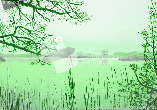 Image of Original oil painting showing beautiful lake