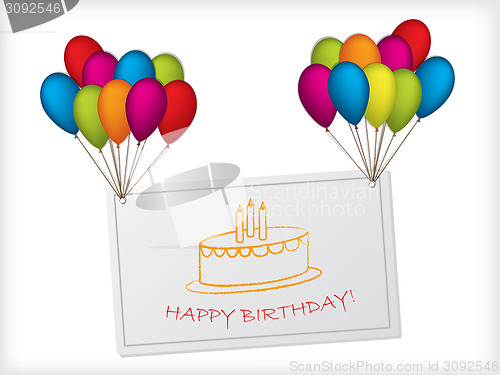 Image of Birthday card design hanging on balloons