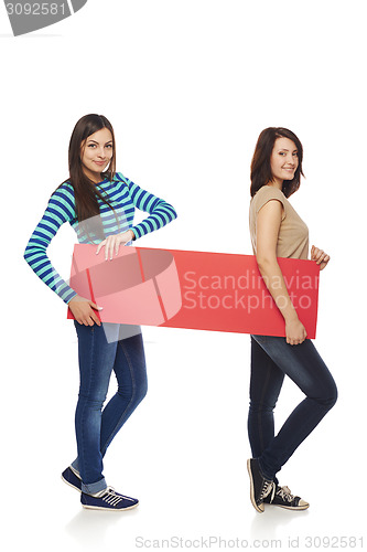 Image of Two girl friends with red banner