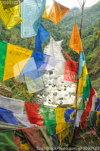 Image of Buddhist prayer flags in India