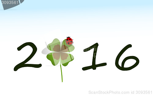 Image of 2016 greeting card with shamrock leaf and ladybird