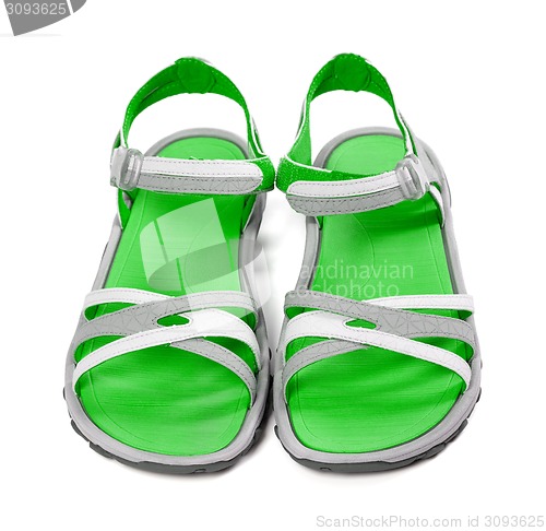 Image of Pair of summer sandals. Front view. 
