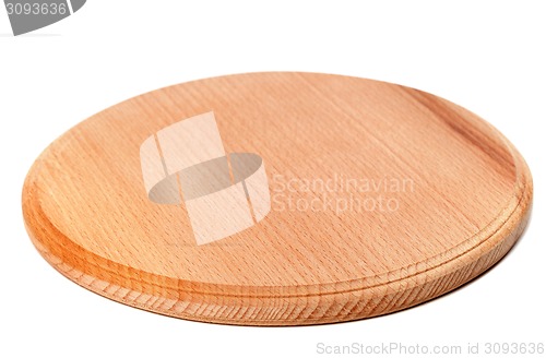 Image of Round wooden kitchen board isolated on white background