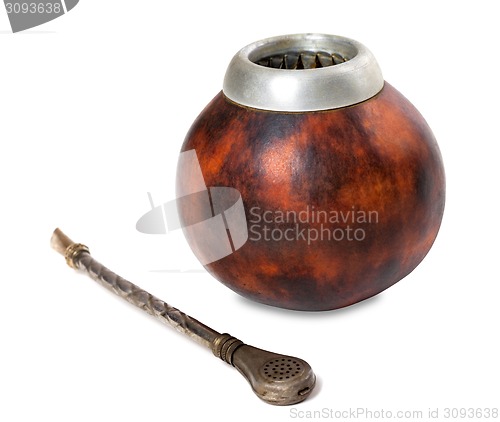 Image of Calabash gourd and bombilla on white background