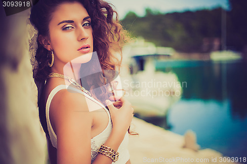 Image of luxury portrait beautiful girl, gold jewel