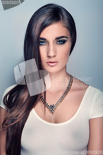 Image of portrait beautiful girl with long hair, blue eyes