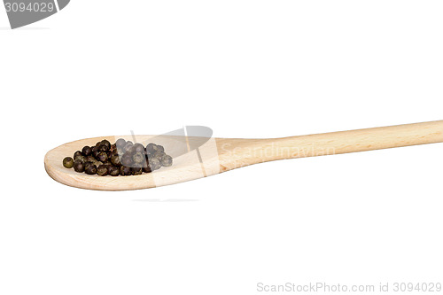 Image of Black pepper on a light wooden spoon