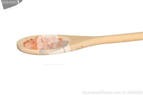 Image of Pink salt on a light wooden spoon