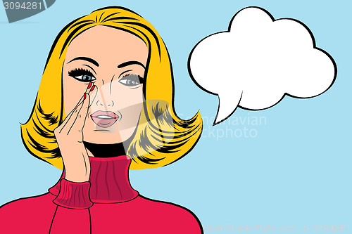 Image of pop art cute retro woman in comics style with message