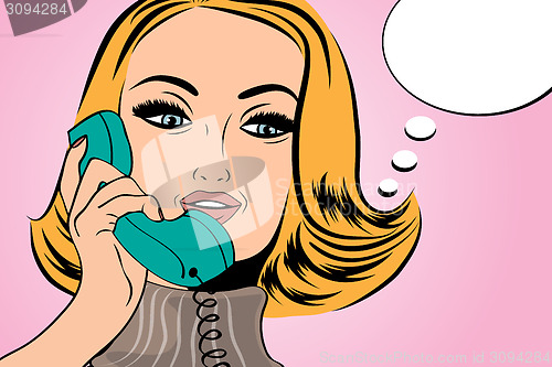 Image of pop art cute retro woman in comics style talking on the phone