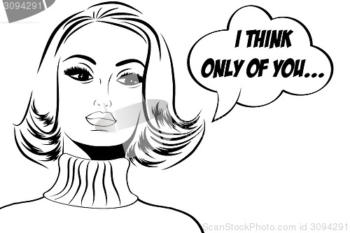 Image of pop art cute retro woman in comics style with message