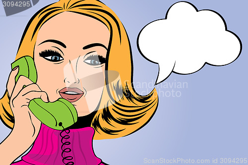 Image of pop art cute retro woman in comics style talking on the phone