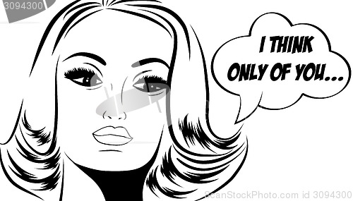 Image of pop art cute retro woman in comics style with message