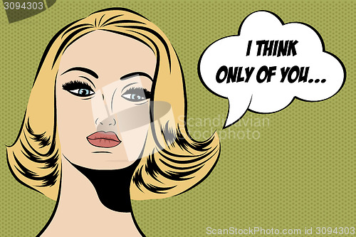 Image of pop art cute retro woman in comics style with message