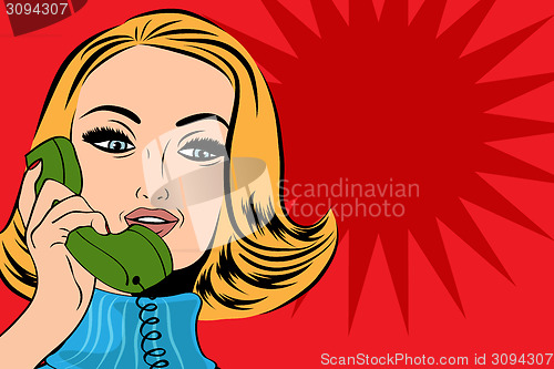 Image of pop art cute retro woman in comics style talking on the phone