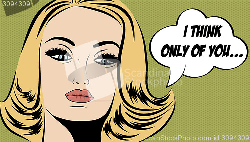 Image of pop art cute retro woman in comics style with message