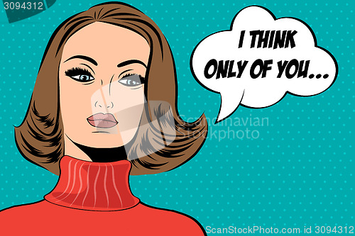Image of pop art cute retro woman in comics style with message