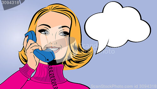 Image of pop art cute retro woman in comics style talking on the phone