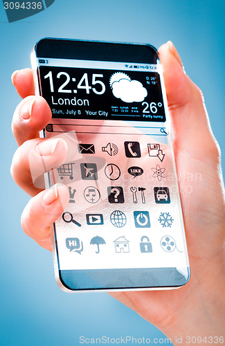 Image of Smartphone with transparent screen in human hands.