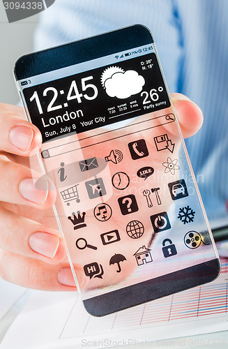 Image of Smartphone with transparent screen in human hands.