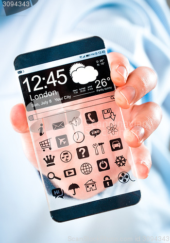 Image of Smartphone with transparent screen in human hands.