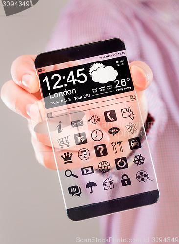 Image of Smartphone with transparent screen in human hands.