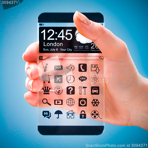 Image of Smartphone with transparent screen in human hands.