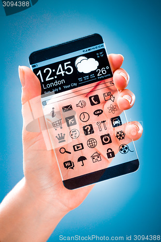 Image of Smartphone with transparent screen in human hands.