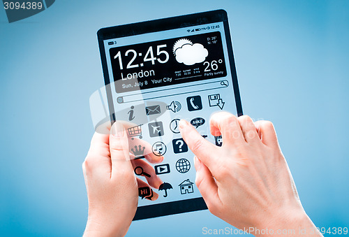 Image of Tablet with transparent screen in human hands.