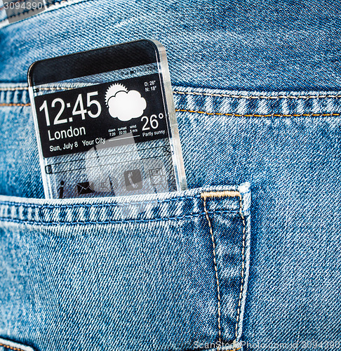 Image of Smartphone with a transparent screen in a pocket of jeans.